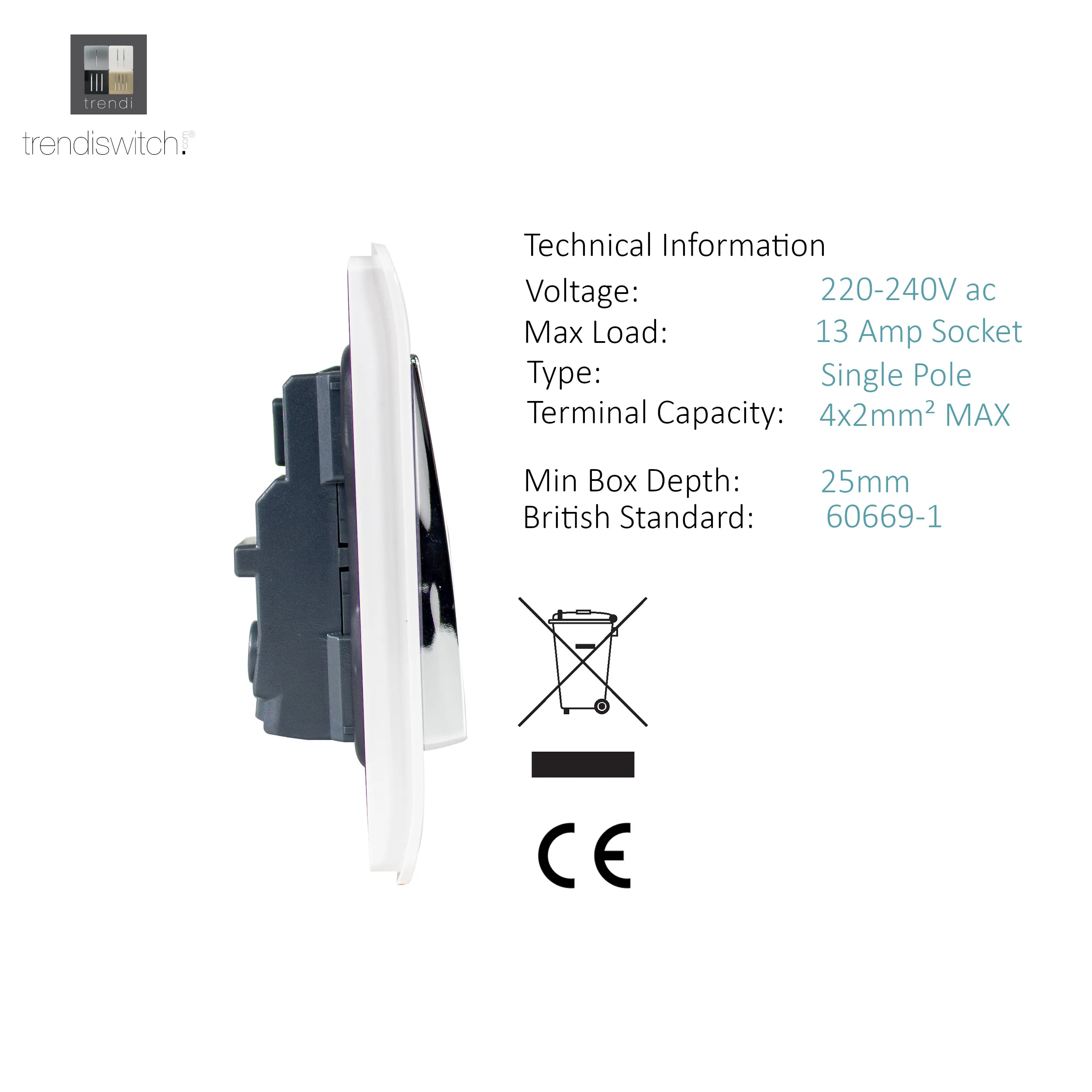 2 Gang 13Amp Long Switched Double Socket Ice White ART-SKT213LWH  Trendi Ice White